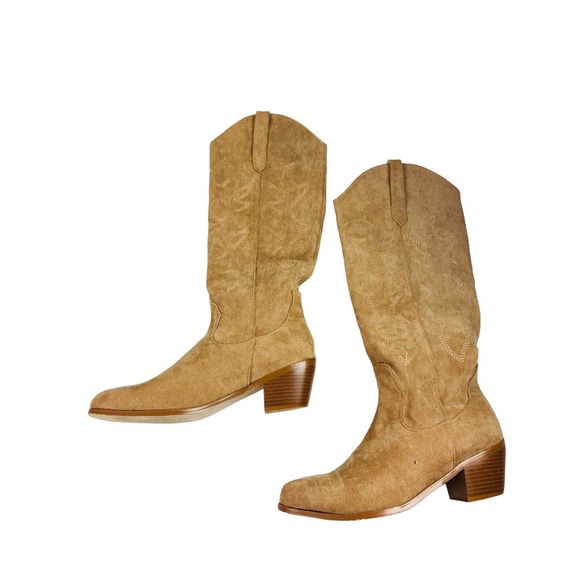 Womens Faux Leather Knee High Block Heels Western Cowboy Work Boots Tan Size 41 - Picture 4 of 13